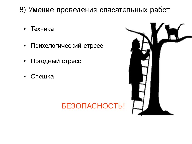 Техника  Психологический стресс  Погодный стресс  Спешка 8) Умение проведения спасательных работ